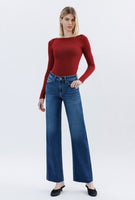 High Rise Raw Hem Slim Wide Jeans