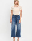 High Rise Wide Leg Raw Hem Cropped Dark Wash Jeans