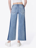 Mid Rise Frayed Hem Contrast Panel Crop Wide Leg Jeans
