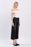 High Rise Clean Cut Raw Hem Crop Slim Wide Black Jeans
