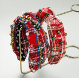 Christmas Plaid Green Rhinestone Wide Knotted Headband