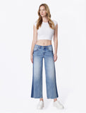 Mid Rise Frayed Hem Contrast Panel Crop Wide Leg Jeans