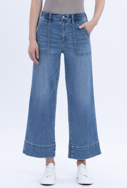 Elastic Waist Wide Leg Utility Jeans