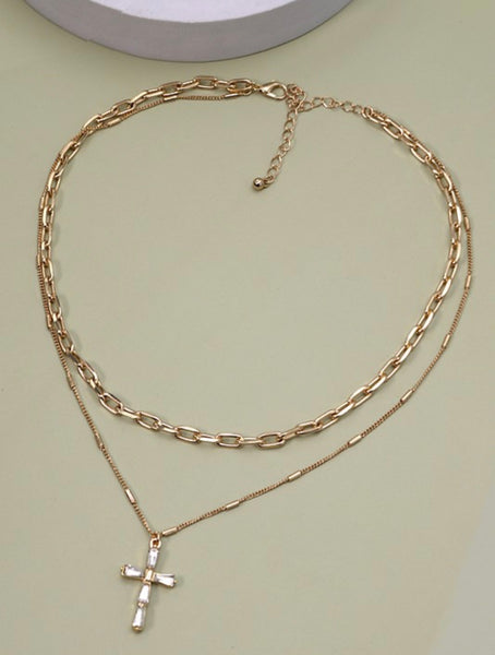 Layered Chain Rhinestone Cross Necklace