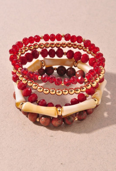 Mixed Bead Bracelet Set Red