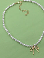 Pearl Chain Bow Charm Necklace