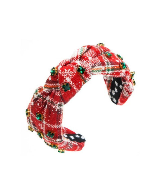 Christmas Plaid Green Rhinestone Wide Knotted Headband
