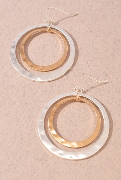 2 Tone Hammered Two Circle Dangle Earrings