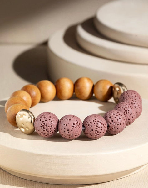 Lava Stone and Wood Bead Bracelet- 3 Colors