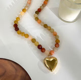 Multi Earthy Natural Stone Heart Charm Necklace
