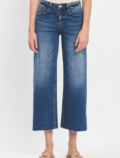 High Rise Wide Leg Raw Hem Cropped Dark Wash Jeans