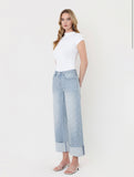 Vertical Striped Wide Leg Cuffed Jeans