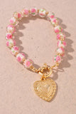 Floral Glass Bead Heart Charm Toggle Bracelet