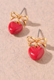 Bow Heart Drop Stud Dangle Earrings- Red or Pink