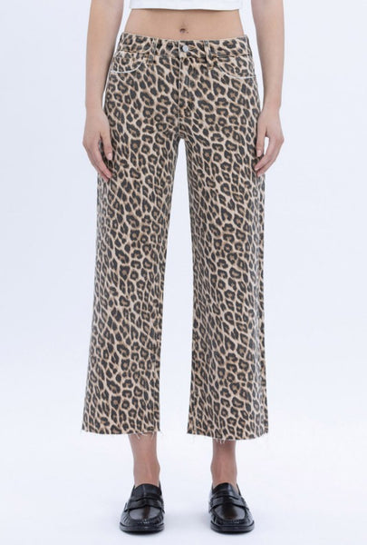 Leopard Ankle Wide Leg Raw Hem Jeans
