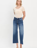 High Rise Wide Leg Raw Hem Cropped Dark Wash Jeans