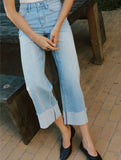 Vertical Striped Wide Leg Cuffed Jeans