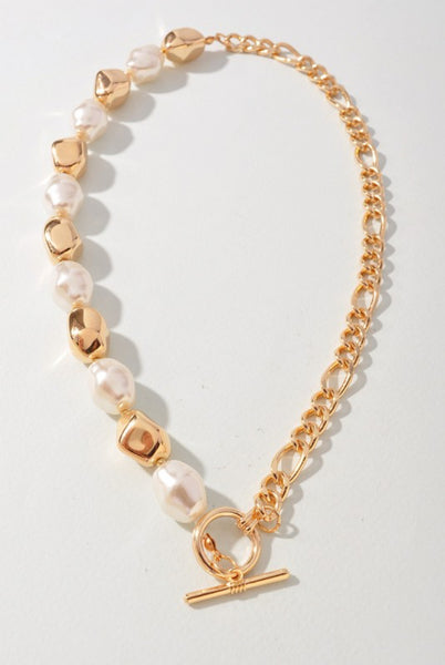 Pearl Metal Bead Chain Toggle Clasp Necklace