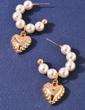 Dainty Pearl Hoop with Textured Heart Charm Earrings