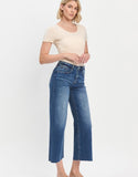 High Rise Wide Leg Raw Hem Cropped Dark Wash Jeans