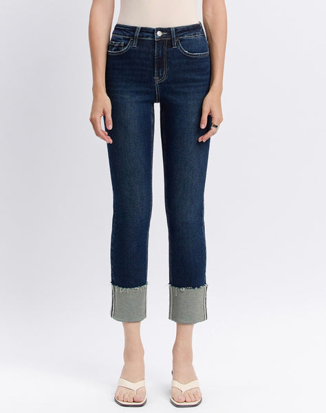 Dark Wash Cuffed Straight Leg Jeans