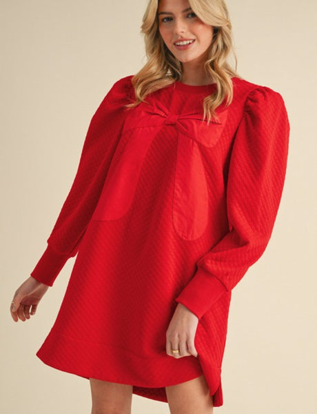 Textured Bow Dress- Red