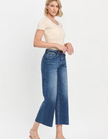 High Rise Wide Leg Raw Hem Cropped Dark Wash Jeans