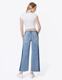 Mid Rise Frayed Hem Contrast Panel Crop Wide Leg Jeans