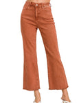 Mineral Washed High Waist Frayed Hem Crop Flared Denim in Rust