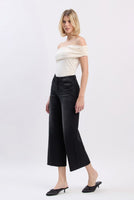 High Rise Clean Cut Raw Hem Crop Slim Wide Black Jeans
