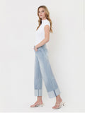 Vertical Striped Wide Leg Cuffed Jeans