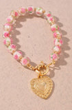 Floral Glass Bead Heart Charm Toggle Bracelet