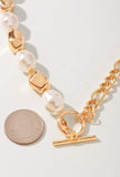 Pearl Metal Bead Chain Toggle Clasp Necklace