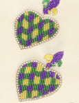 Fleur De Lis Heart Mardi Gras Beaded Earrings