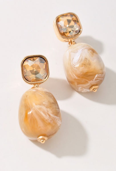Stone Acetate Bead Square Crystal Dangle Earrings