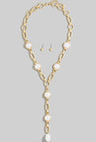 Dome Station Pearl Lariat Necklace Set
