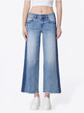 Mid Rise Frayed Hem Contrast Panel Crop Wide Leg Jeans