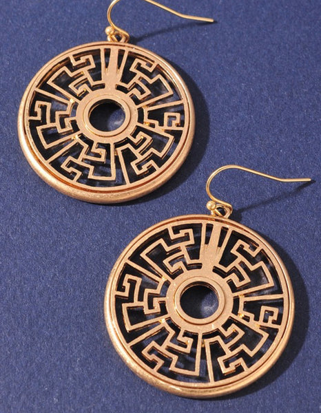 Cutout Greek Key Round Earrings- Gold
