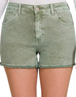 Mineral Washed Mid Rise Frayed Cut Off Shorts Olive