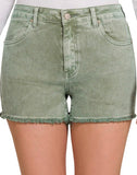 Mineral Washed Mid Rise Frayed Cut Off Shorts Olive