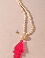Satin Metal Ball, Wood Bead and Tassel Necklace- 2 COLORS!