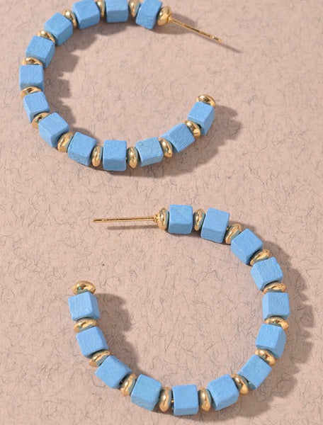 Square Wood Bead Hoop Earrings- 2 Colors