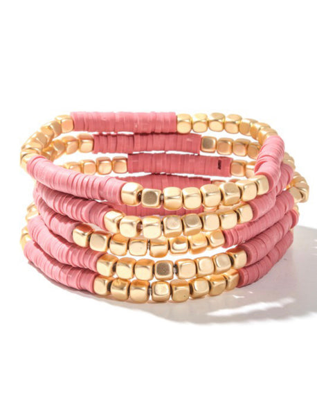 Heishi and Square Metal Bead Bracelet Set-Pink
