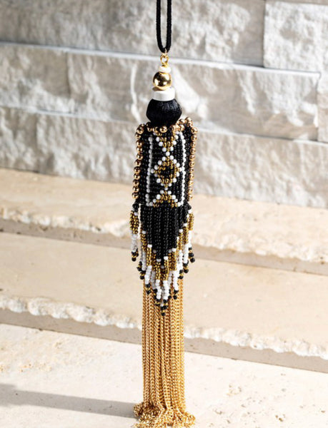 Seed Bead and Metal Chain Tassel Aztec Necklace
