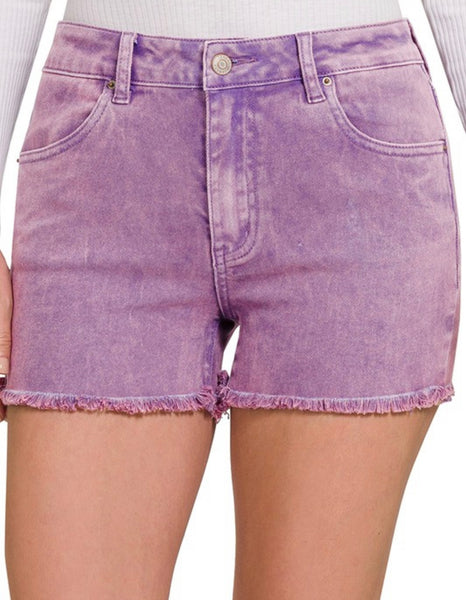 Mineral Washed Mid Rise Frayed Cut Off Shorts Lavender